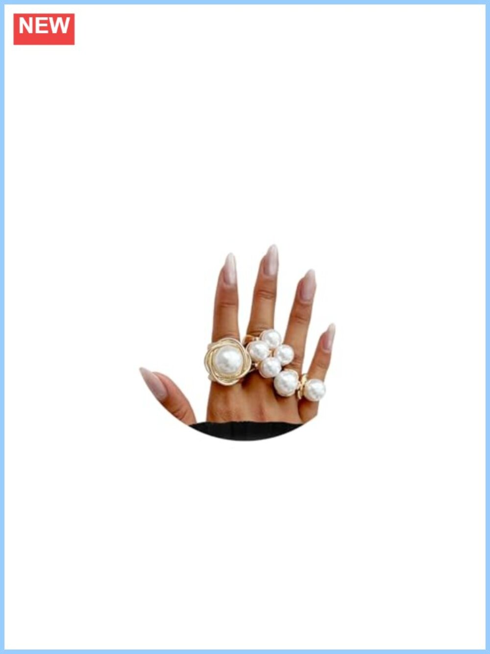 3pc Chunky Pearl Cocktail Ring Set Gold Statement Stackable Adjustable Rings